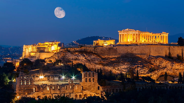 Athens at Night, ancient history, tourist attraction, night, historic site Free HD Wallpaper