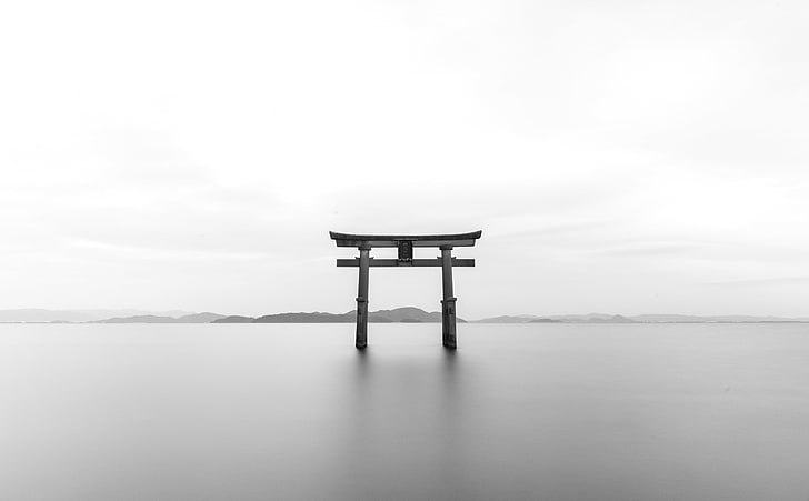 Black and White, tranquility, entrance, lake, temple Free HD Wallpaper