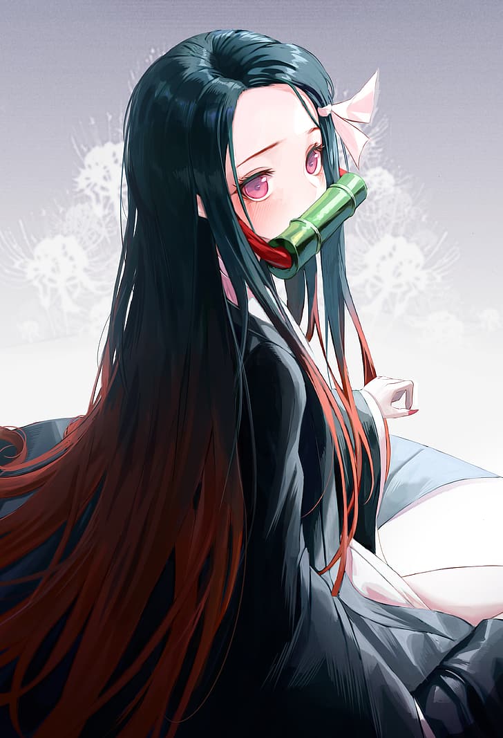 Butterfly Girl in Demon Slayer, blushing, long hair, sitting, kimetsu no yaiba Free HD Wallpaper