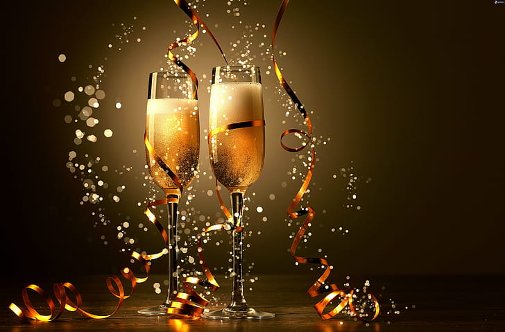 of Champagne, ribbon, christmas, year, stemware Free HD Wallpaper