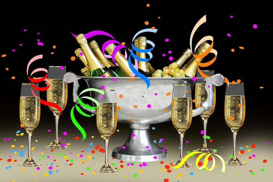 paper snakes, party  social event, champagne glasses, indoors Free HD Wallpaper