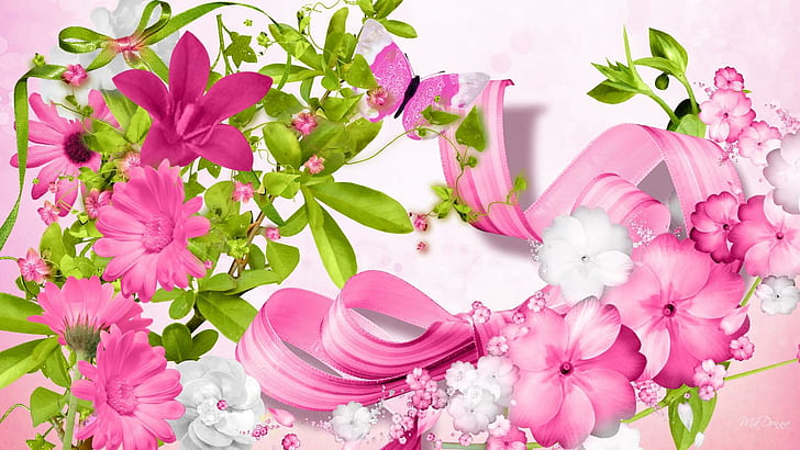 Pink Flower, butterfly, 3d and abstr, flowers, spring