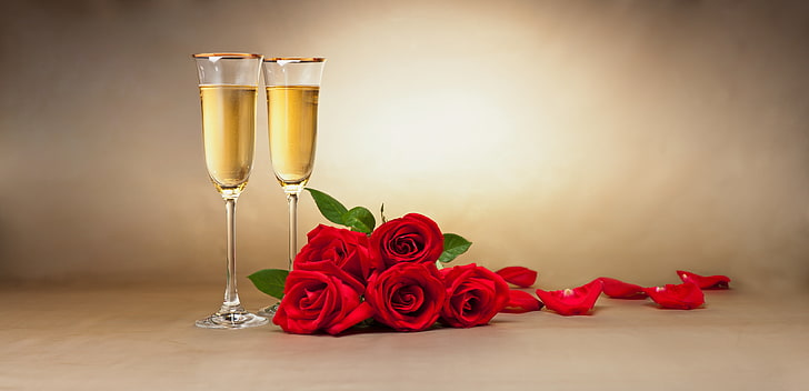 Red Roses and Champagne, flower head, wine, food and drink, drinking glass Free HD Wallpaper