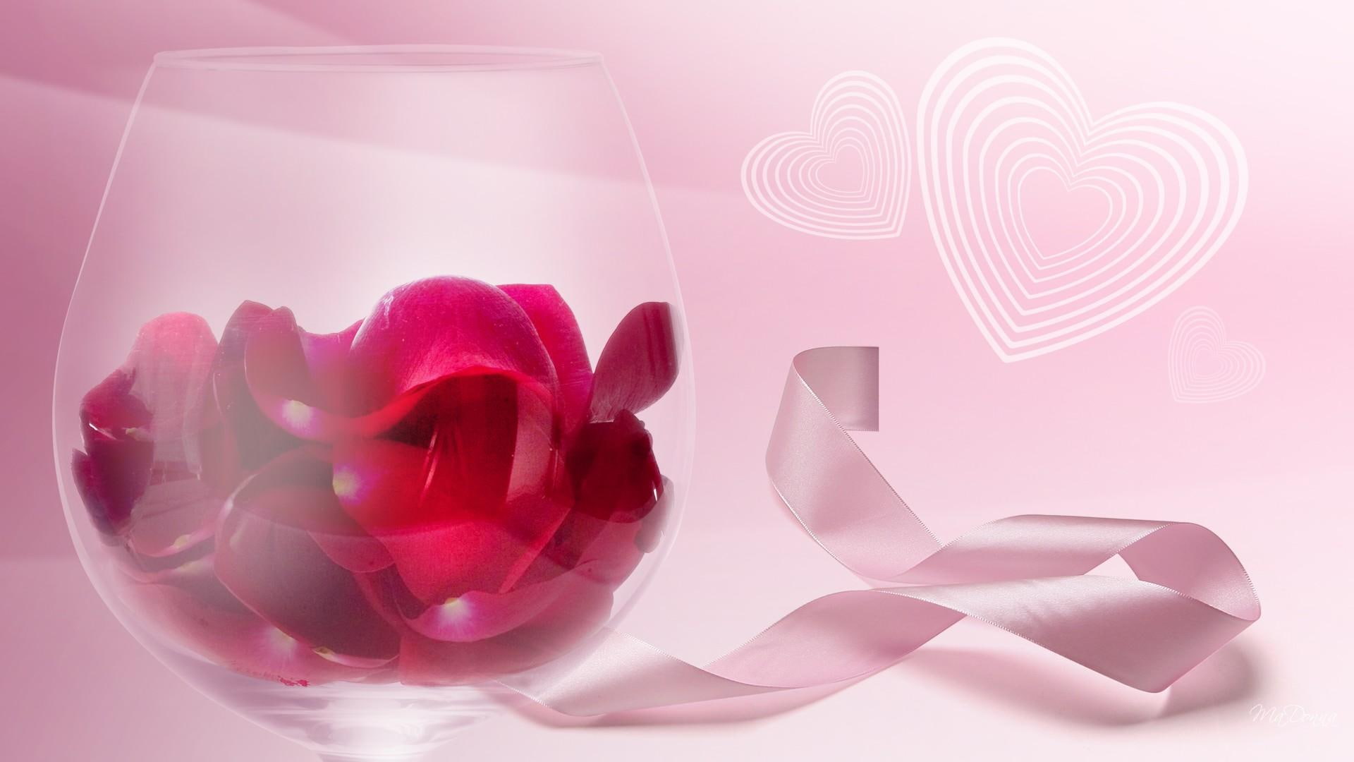 Romantic Flowers, summer, hearts, rose, glass
