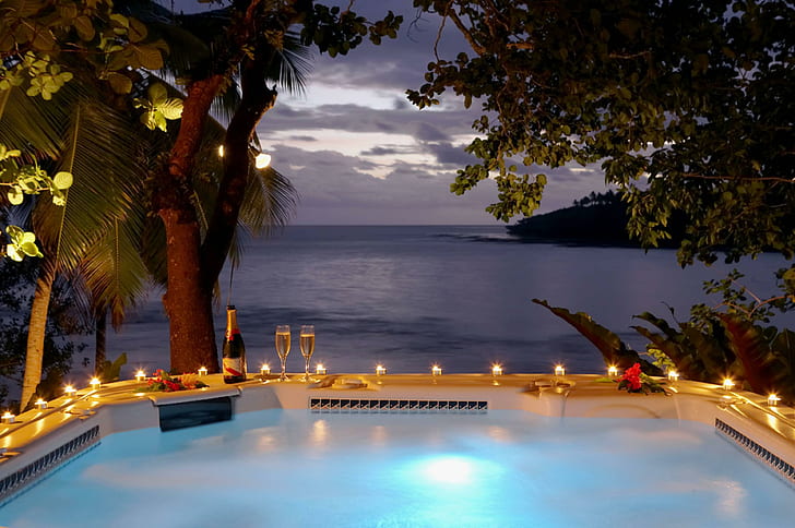 Romantic Hot Tub Hotels, bath, ocean, candlelight, tropical Free HD Wallpaper