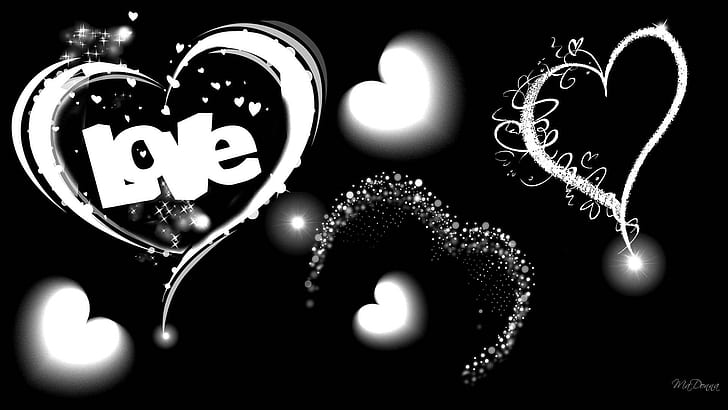 Romantic Love Art Black and White, 3d and abstract, love, hearts, lights