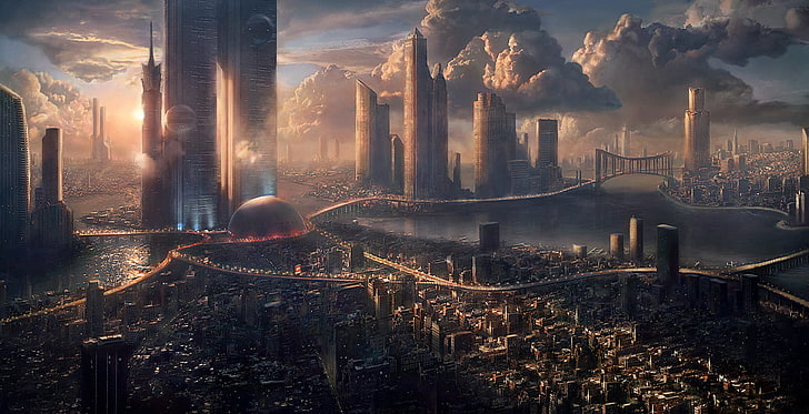 Sci-Fi City Architecture, cloud  sky, nature, air pollution, built structure Free HD Wallpaper