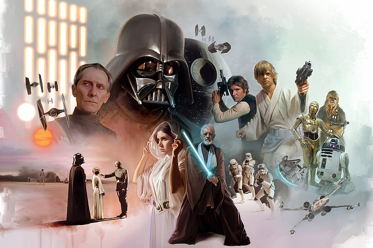 Star Wars New Hope, darth vader, obiwan kenobi, luke skywalker, chewbacca Free HD Wallpaper