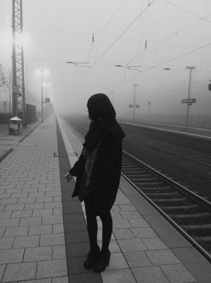 women, black hair, mist, railway Free HD Wallpaper