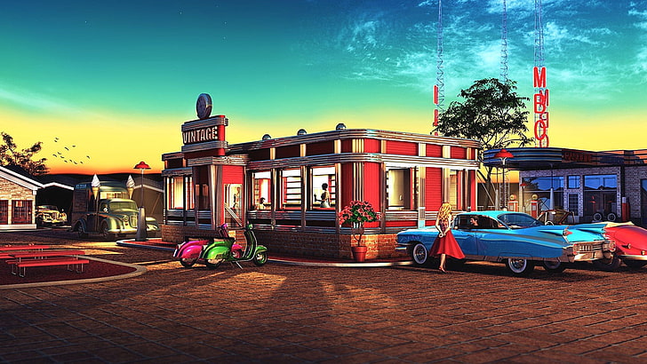 50s Diner Drawings, digital art, art, illustration, artwork Free HD Wallpaper