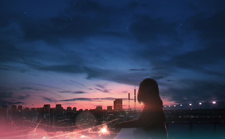 Anime Cute Night, sky, city lights, sparkles, looking away Free HD Wallpaper