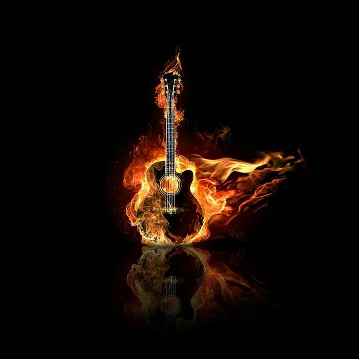 Bass Guitar On Fire, dark background, art design, burning, abstract Free HD Wallpaper