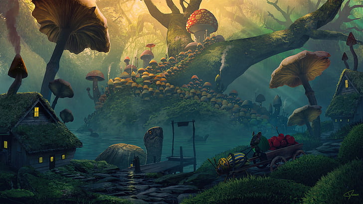 Beautiful Mushroom, house, turtle, mushroom, fantasy Free HD Wallpaper