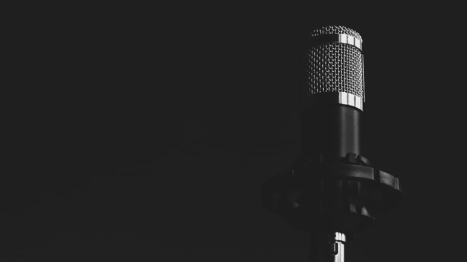 Condenser Microphone Stand, copy space, audio, equipment, black background Free HD Wallpaper