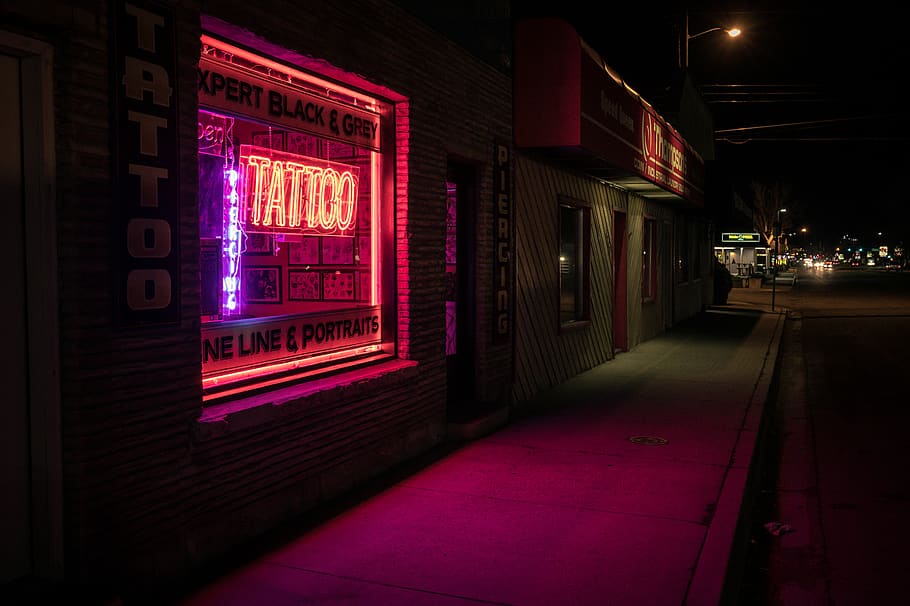 Cool Open Signs, outdoors, western script, night, sign