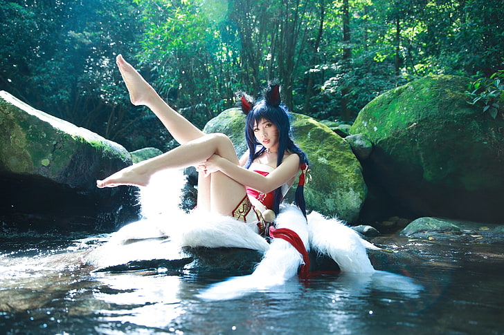 Cosplay Girls, league, young women, waterfront, flowing water Free HD Wallpaper