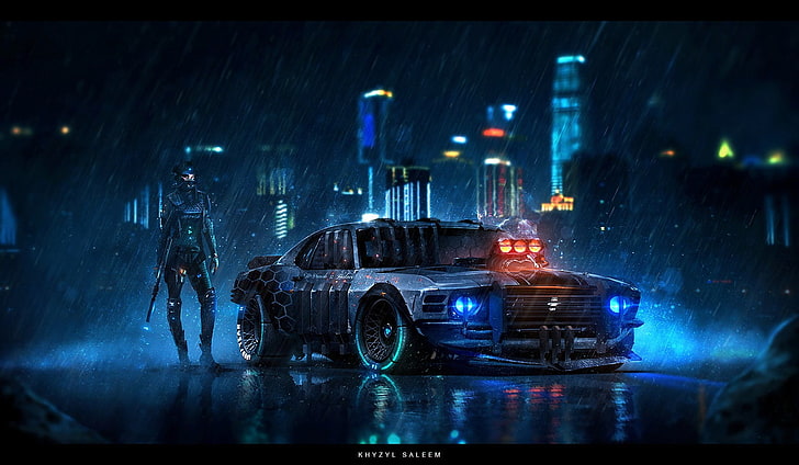 Cyberpunk Racing, urban scene, ford mustang, headlight, land vehicle Free HD Wallpaper