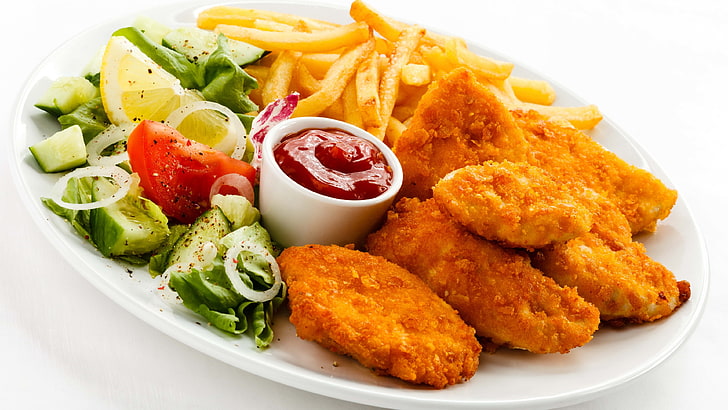 Food Fried Chicken and Fries, ketchup, plate, sauce, readytoeat Free HD Wallpaper
