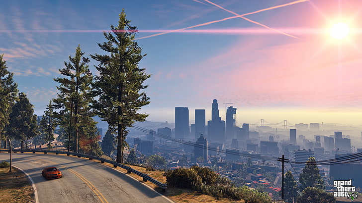 GTA V City, sky, night, lens flare, land vehicle Free HD Wallpaper