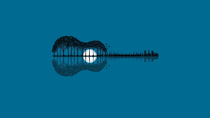 Guitar in Nature, vector, waterfront, moon, water Free HD Wallpaper