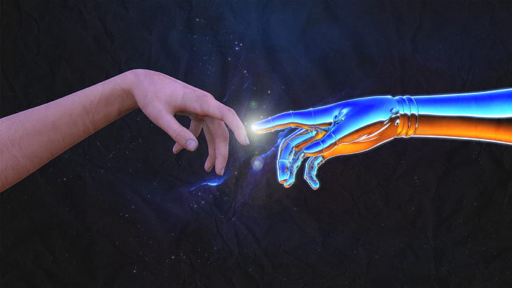 Humanoid Robot Hand, cgi, the creation of adam, michelangelo, retrowave Free HD Wallpaper