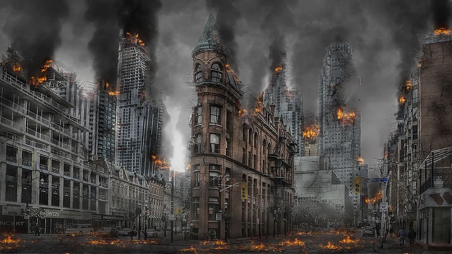 New York City Apocalypse, glowing, skyscraper, destruction, digital manipulation Free HD Wallpaper