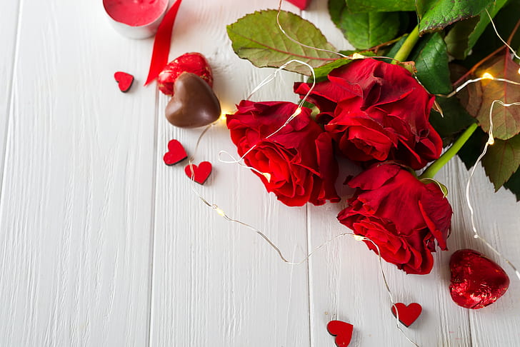 Red Roses with Water Drops, candy, red, valentines day, love Free HD Wallpaper