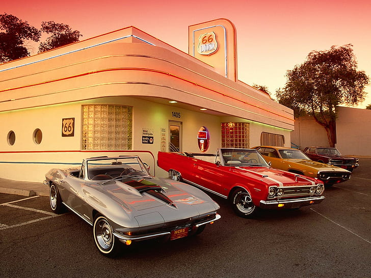 Route 66 Old Cars, diner, corvette, classic, chevrolet Free HD Wallpaper