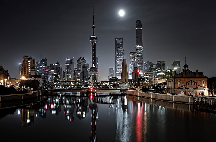 Shanghai Landscape, reflection, bridge  man made structure, built structure, illuminated Free HD Wallpaper