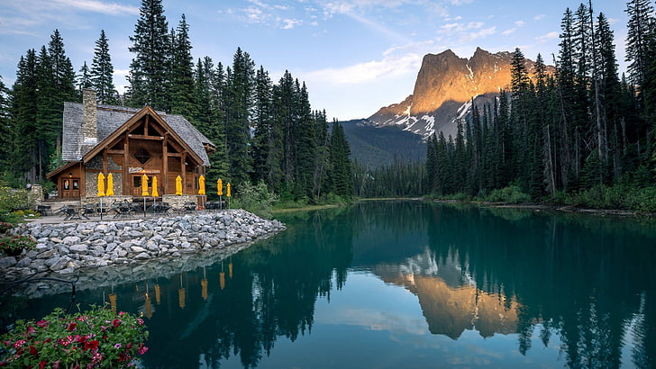 Sunset Cabin Lake, log cabin, mountain, sky, mountain lake Free HD Wallpaper