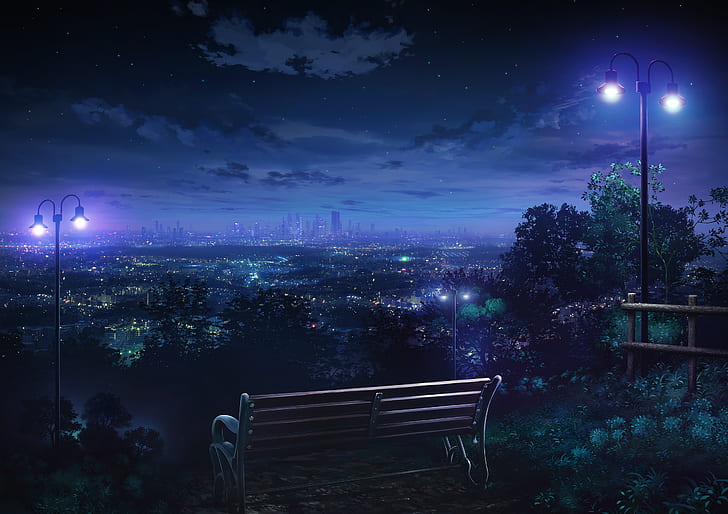 Animated Cityscape, city lights, park, hills, lantern Free HD Wallpaper