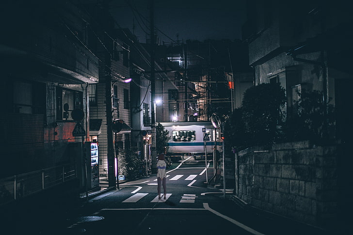 Anime Girl Night Street, cityscape, dark, traffic, marking Free HD Wallpaper