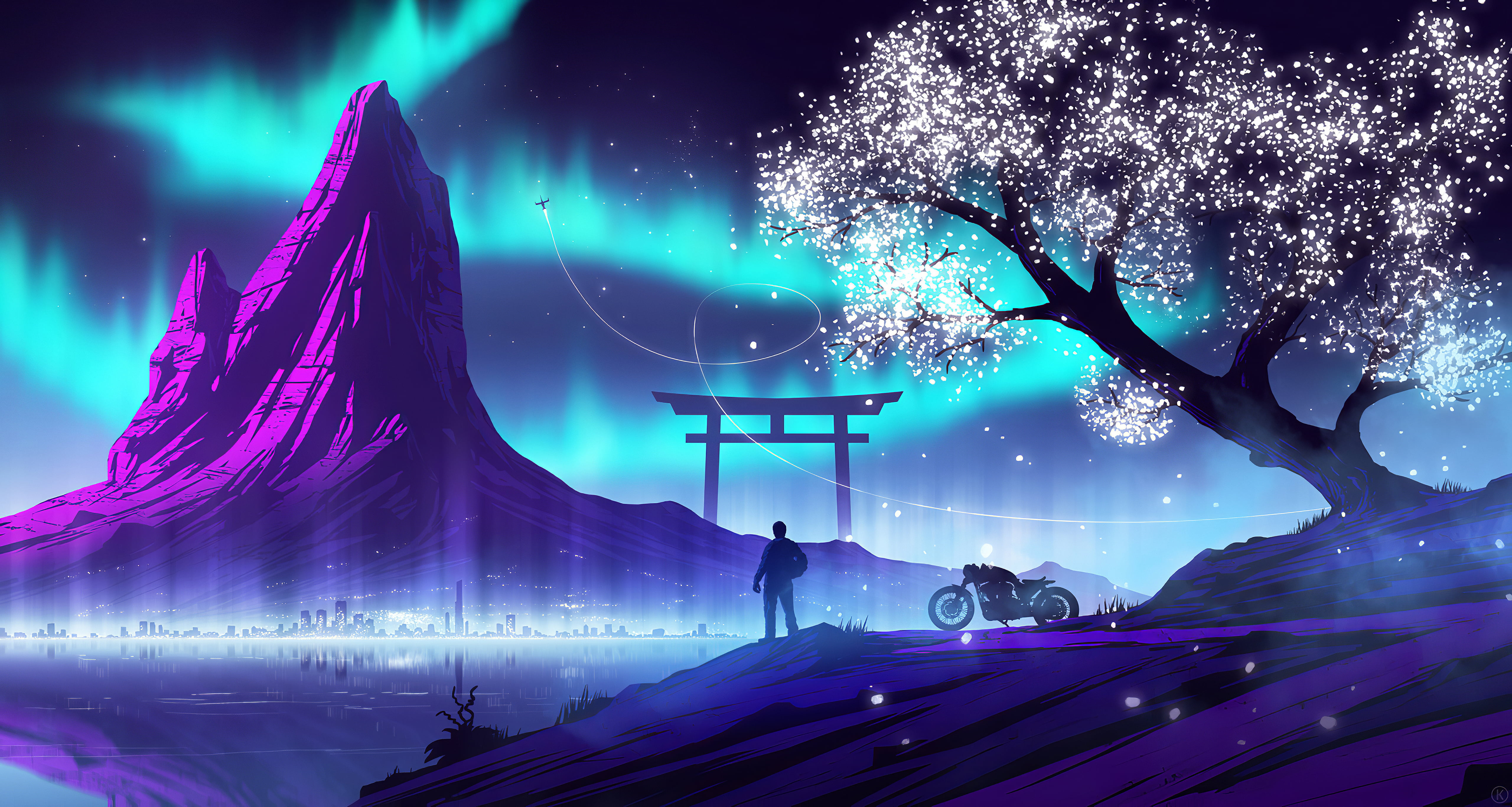 Dark Digital Art Landscapes, purple, violet, motorcycle, city