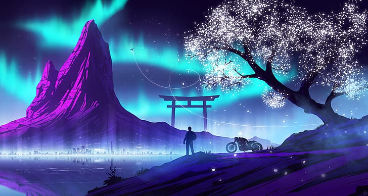 Dark Digital Art Landscapes, purple, violet, motorcycle, city Free HD Wallpaper