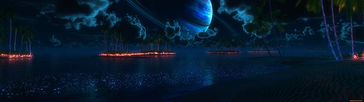 Dual Monitor 3840X1440, lake, multi colored, glowing, digital art Free HD Wallpaper