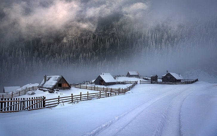 European Mountain Village, snowing, blizzard, environment, architecture Free HD Wallpaper