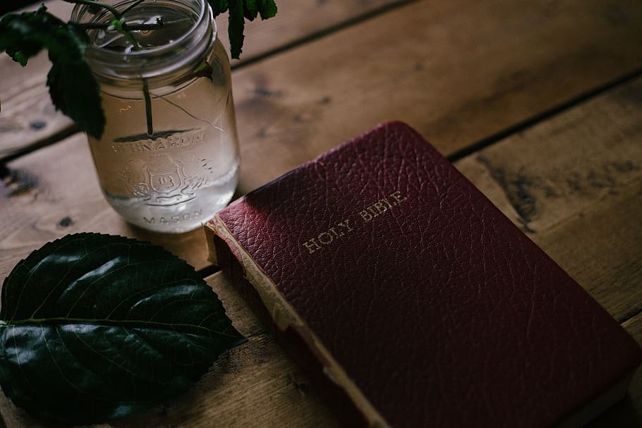 Floral Bible Verse, leather, table, high angle view, food and drink