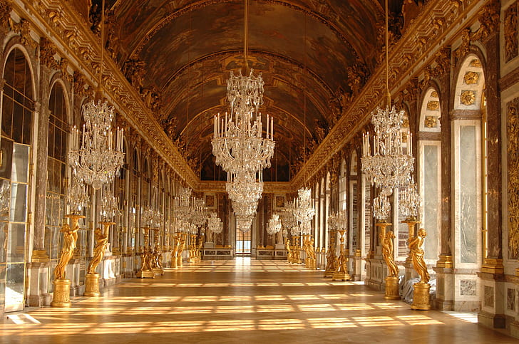 Hallway of Mirrors, design, palace, chateau, building Free HD Wallpaper