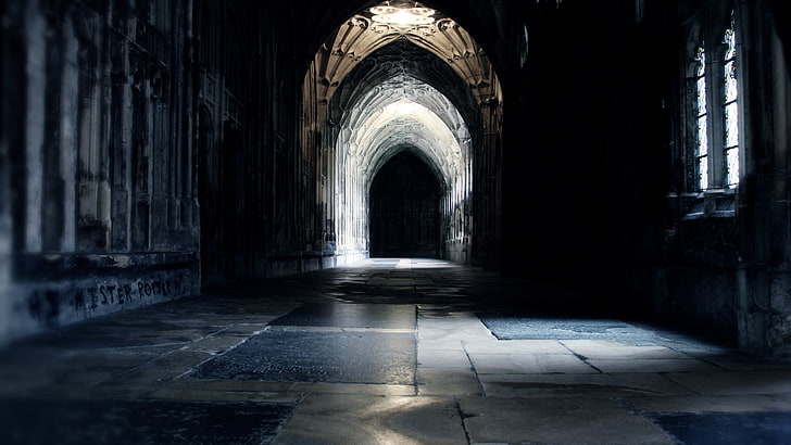 Inside Hogwarts Castle, spooky, built structure, light at the end of the tunnel, architecture