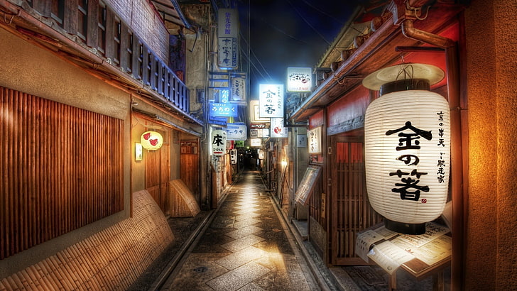 Japan Busy Street, kyoto prefecture, store, japanese culture, night Free HD Wallpaper