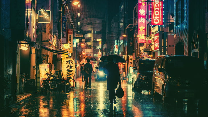 Japanese City Street Night, building exterior, japan, neon light, transportation Free HD Wallpaper