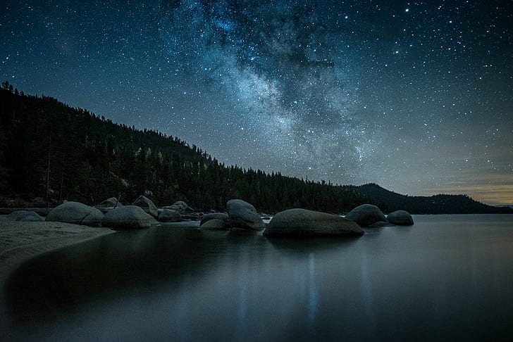 Lake Tahoe Nightlife, sky, nebula, galaxy, star  space Free HD Wallpaper