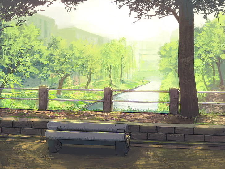 park, bench, original, anime Free HD Wallpaper