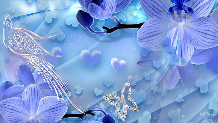 Space, jewels, butterflies, hearts, blue Free HD Wallpaper