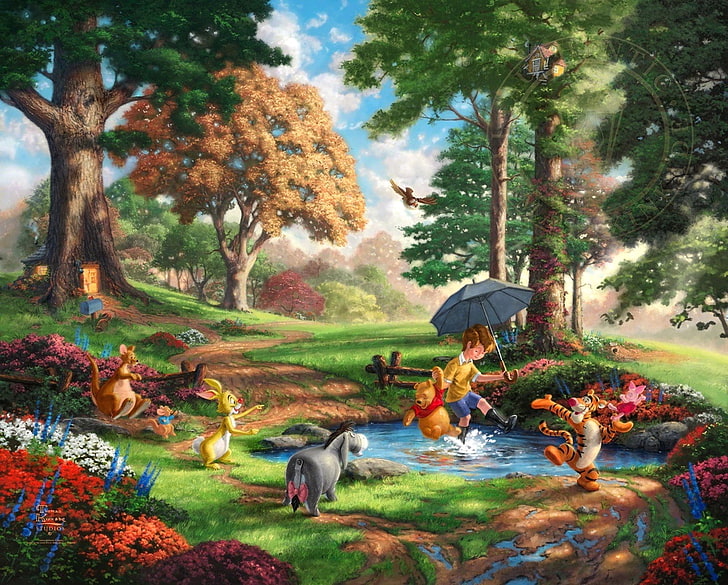 Thomas Kinkade Lady and the Tramp, plant, umbrella, water, 50th anniversary Free HD Wallpaper