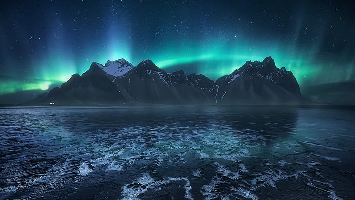 Aurora Borealis Moving, eystrahorn, brunnhorn, northern lights, water Free HD Wallpaper