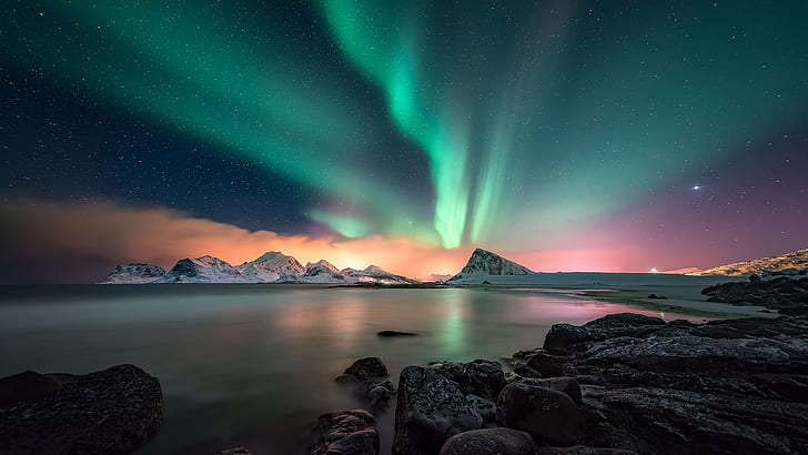 Blue Starry Night Sky, northern lights, landscape, europe, polar lights