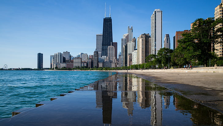 Chicago Skyline Black and White, skyscraper, water, reflection, cityscape Free HD Wallpaper