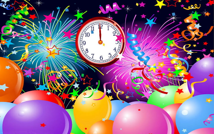 clock, confetti, colorful, new year Free HD Wallpaper