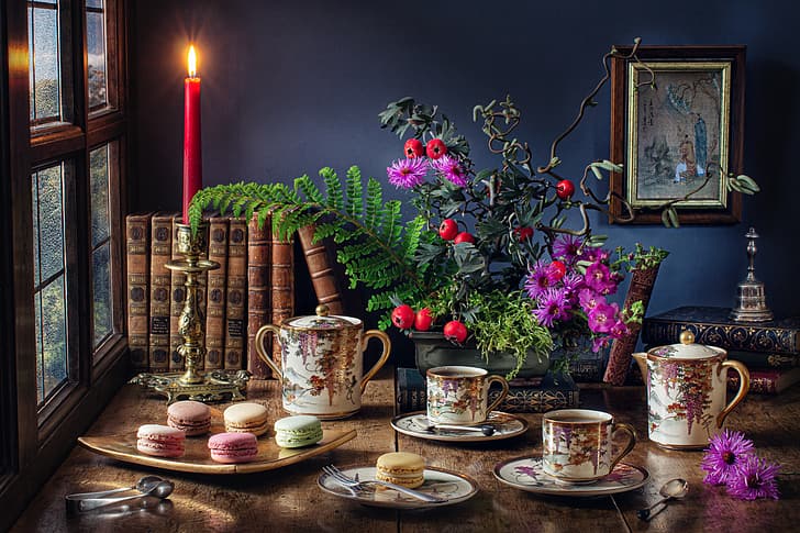 dishes, cakes, still life, cup